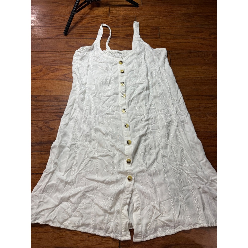 White Embroidered Button Down Sundress Viscose Boho Sleeveless Midi Dress